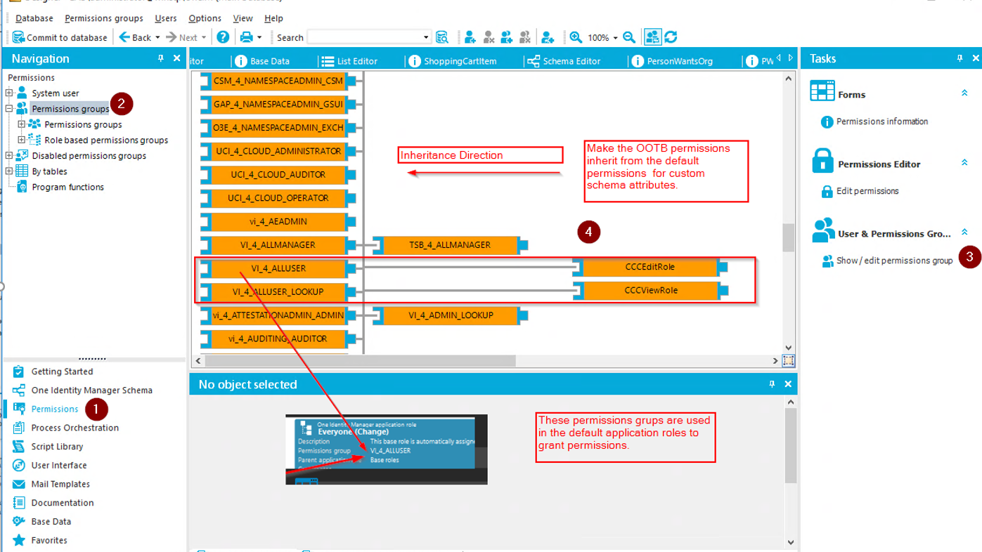Qatabase permissions groups users Options Help a Commit to database e Back • + Next • • Search Navigation Permissions System user Permissions grot»s Permissions groups Role based permissionsgroups Disabled permissionsgroups By tables Program functions Getting Started One Identity Manager Schema O Permissions process Orchestration Script Library User Interface Mail Templates Documentation Base Data Favorites itor Base Data List Editor I ShoppingCartltem Schema Editor PersonWantsOrg Inheritance Direction Tasks O Permissions inform2ion Edit permissbrz User & perm Gro. O Show/ edit permissions VI 4 ALLMANAGER VI-4_ALWSER 4 LUSER LOOKU NADMIN_AOMIN IVj-4-AUDITl UDITCR No object selected Everyone (Change) This is Make the OOTB permissions inherit from the default permissions for custom schema attributes. O CCCEditRole CCCVieWROl€ These permissions grups are used in the default application roles to grant permissions. 